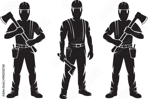 Three woodcutter or lumberjack figures in silhouette wearing hard hats and holding axes, representing strength and manual labor occupations.