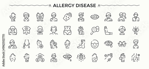 Allergy Disease icon set. Contain linear sign rash, allergen, medicine, allergic, treatment and more. Health icon set. Minimalist linear icons. Editable vector stroke.