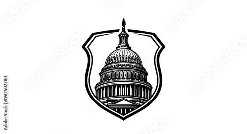 Vintage Capitol Hill dome shield logo vector with classic government building emblem isolated on white background