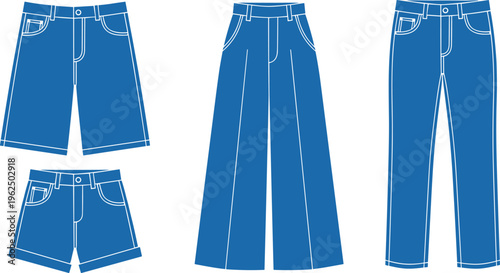 Vector illustration of fashion bottoms set featuring shorts and pants with pockets, seams, belt loops, and stylish garment designs