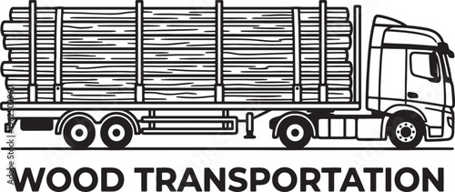 Black and white line of a truck carrying a large load of lumber also transparent background lorry transport