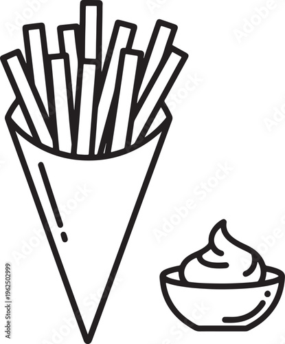 Black and white line of french fries in a cone with a side of dipping sauce also transparent background