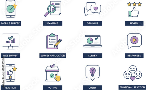 Vector illustration of survey and feedback icons set featuring mobile surveys, reviews, voting, responses, opinions, and emotional reactions