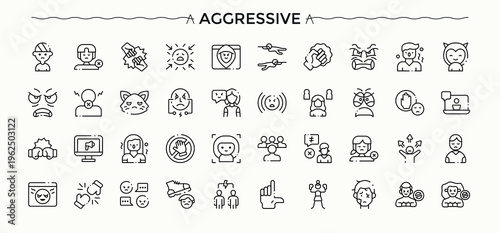 Aggressive related icon set. Reaction modern thin line style icons. Minimalist linear icons. Anger icon pack. Editable stroke. Vector illustration.