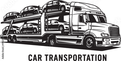 Black and white of a car carrier truck loaded with multiple cars on its trailers also transparent background
