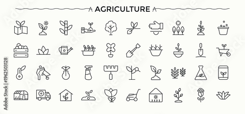 Agriculture icon set. Contains outline symbols like garden, plant, agro, land and more. Plant related icon set. Outline icons collection. Editable vector art and illustration.