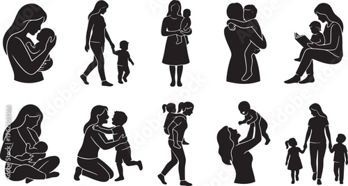 Silhouettes of diverse people walking and running in various dynamic poses black white