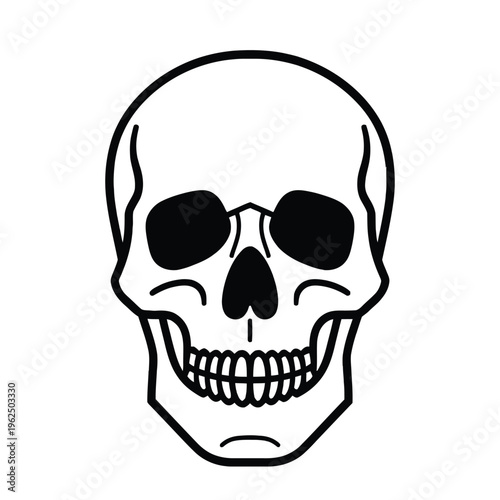 A black and white illustration of a smiling skull on a plain background