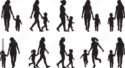 Silhouettes of diverse people walking in various dynamic poses against a plain background