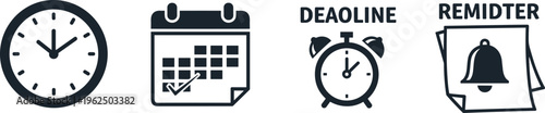 Set of icons related to time management and planning including clock calendar alarm and reminder on transparent background.