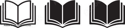 Set of three open book icons in different styles, representing knowledge, education, literature, and learning in black and white.