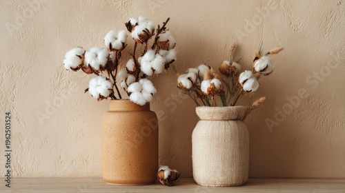 Cotton plant blooms in vases against beige wall background
