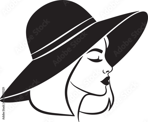 Black and white silhouette of a woman wearing a wide-brimmed hat with her eyes closed and lips slightly parted also transparent background