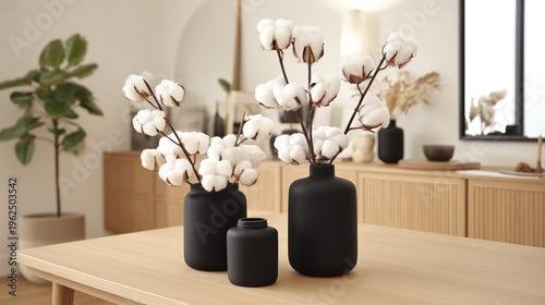 Elegant cotton flower arrangements in matte black vases on a wooden table