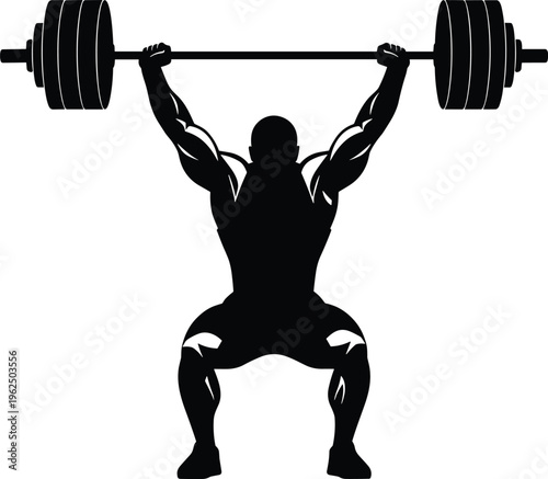 Silhouette of weightlifter performing clean and jerk exercise heavy lifting.