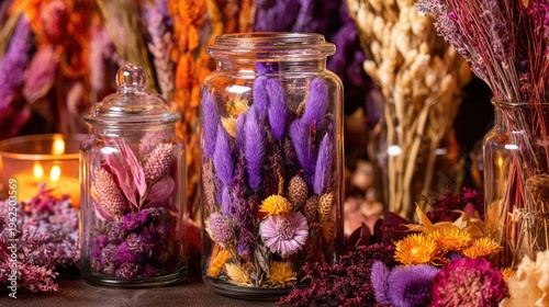 Dried flowers in glass jars with candlelight and floral background