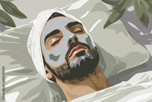 arabic man relaxing with a luxurious facial mask spa isolated vector style