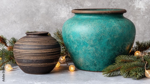 Decorative ceramic vases in teal and brown with christmas greenery backdrop