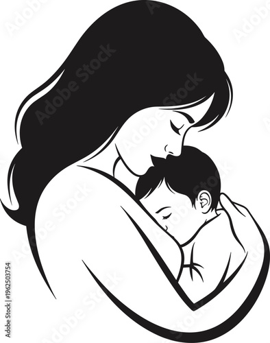 Mother holding her baby tenderly with love and care silhouette illustration.