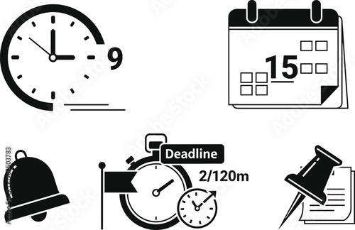 Time management deadline and scheduling icons like clock calendar stopwatch and bell.