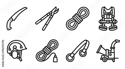 Arborist tools collection saw pruning shears rope harness helmet vector set