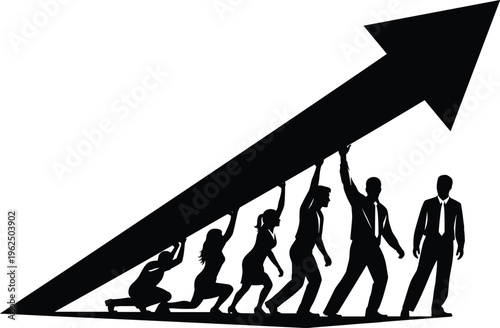 Teamwork pushing up arrow graph business finance growth success teamwork effort leadership silhouette.