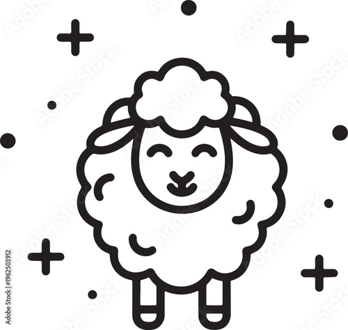 Black line of a smiling sheep with fluffy wool surrounded by dots and crosses on a white background also transparent background