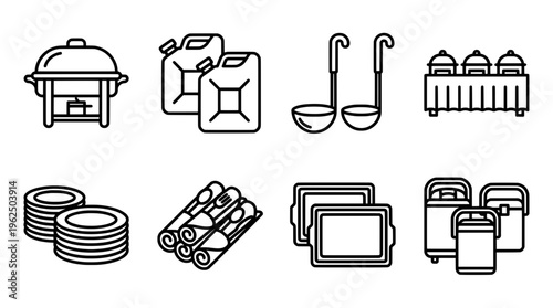 Black and white food service icons for restaurant or catering design elements