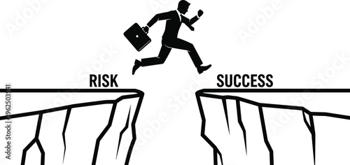 Businessman jumping over gap between risk and success cliffs symbolizing career courage and professional growth.