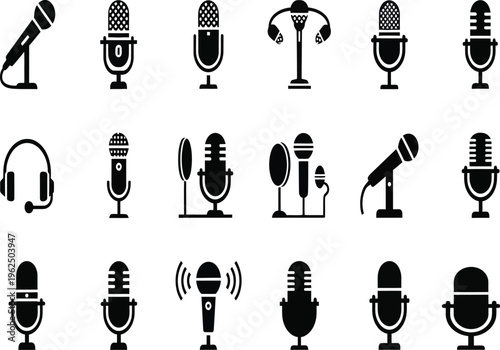 Vector icon collection of microphones and headphones in silhouette style