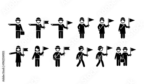 Tour guide icons with flags black and white travel guide symbol set minimalist vector illustration