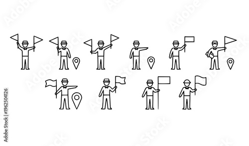 Line art tour guide with flag icons black and white travel navigation symbols vector set