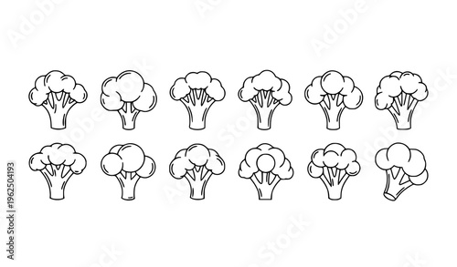Line art broccoli icons black and white vegetable outline set simple food vector illustration