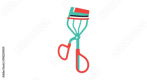 Eyelash curler in vibrant red and turquoise colors in minimalistic flat illustration for beauty product advertisement