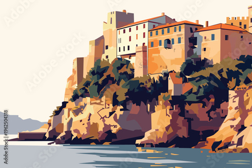 Historic Fortress on a Cliff stock image isolated vector style