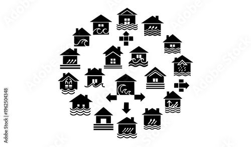 Geometric house flood risk icons black and white disaster water warning symbol collection vector design