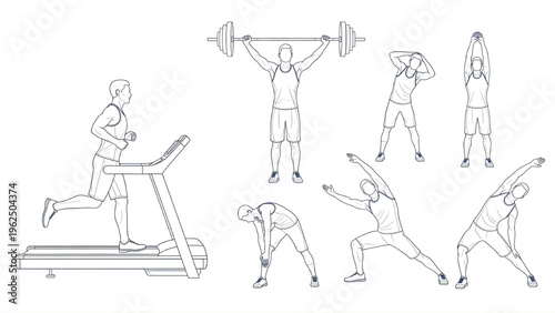 Gym Fitness Human Figures, Treadmill Running, Weight Lifting, Stretching Poses, Architectural Blueprint Line Drawing