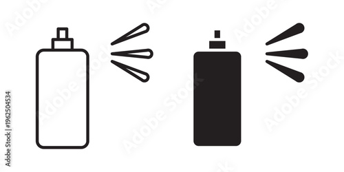 Spray bottle icon designed in black stroke and fill styles, isolated on a white background. Ideal for cleaning, hygiene, and household product concepts.