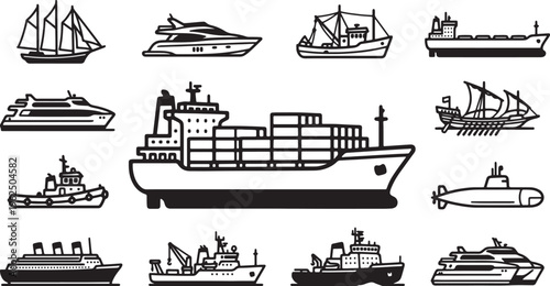 Collection of black and white line of various watercraft also transparent background sailboat yacht fishing boat