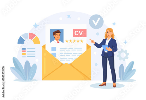 Human Resources management. Employer hiring candidate. New employee recruitment process. HR manager reviews suitable candidates cv resume to fill job positions. Flat design vector illustration