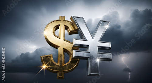 Golden US Dollar and silver Japanese Yen currency symbols facing a financial storm representing economic uncertainty and currency exchange challenges