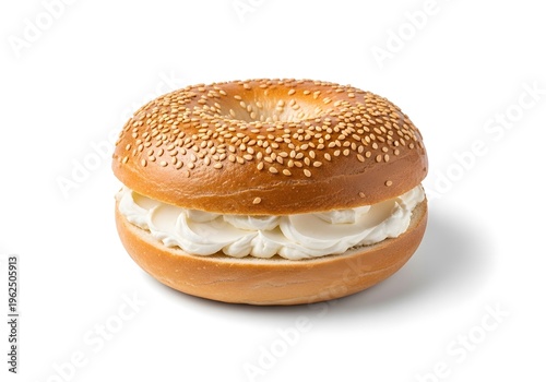 Sesame Bagel with Cream Cheese Spread on White Background