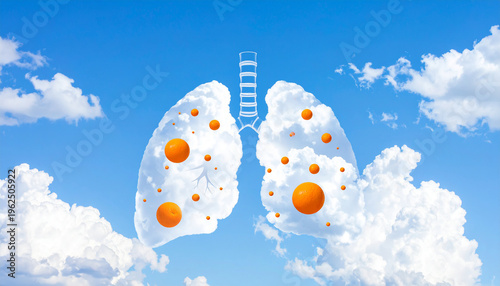 Abstract lungs formed by clouds with orange circles in a blue sky