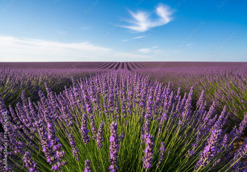 Obraz premium Vibrant purple lavender field under blue sky with wispy clouds and lush greenery serene landscape
