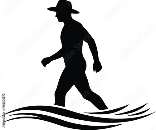 Man with hat walking on water waves silhouette vector illustration isolated on transparent background