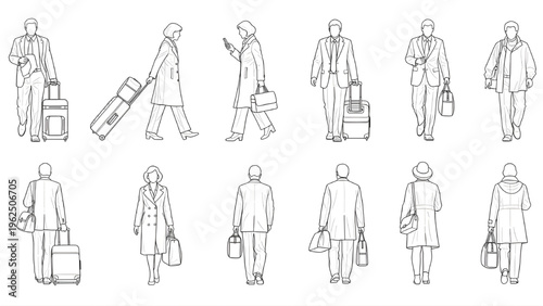 Airport Passenger Figures 10-Piece Set, Travelers Walking, Waiting, Pulling Luggage, Architectural AutoCAD Blueprint Drawing