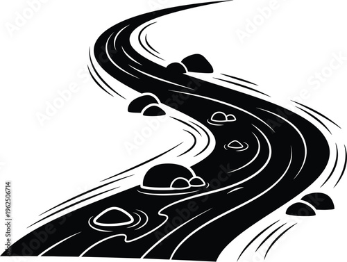 Winding river with rocks silhouette vector illustration isolated on transparent background
