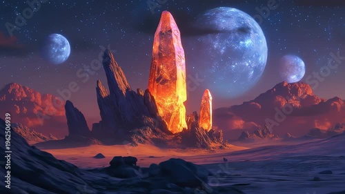 Fantasy landscape featuring crystal formations and celestial bodies