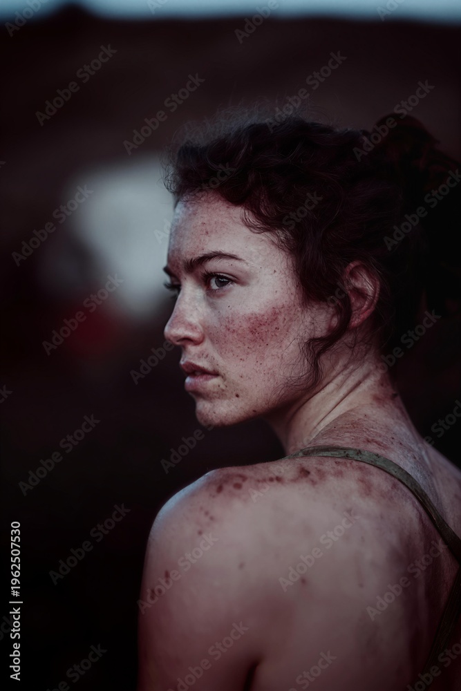 Obraz premium Profile shot of a person with skin like hot glowing coals and wispy smoke hair after a fire