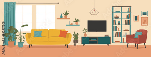 Cozy Living Room Interior With Sofa And Bookshelf Keywords: living room, interior, sofa, couch